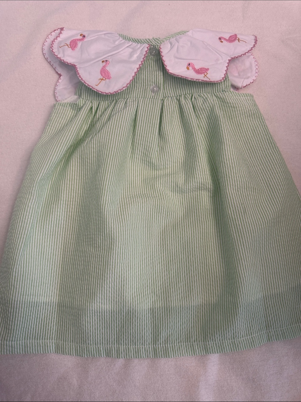 Stitchy Fish Girls Green Seersucker Dress with Pink Flamingo Collar - Picture 5 of 6